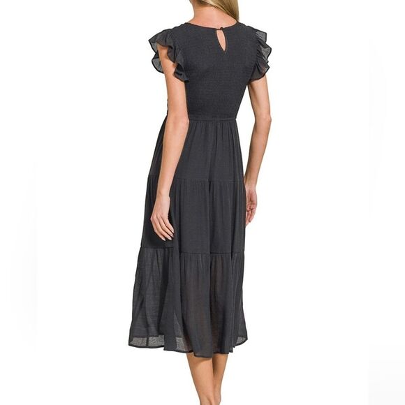 Zenana Women's Casual Woven Smocked Ruffle Sleeve Midi Dress in Dark Grey - Picture 2 of 3